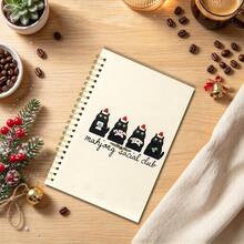 1pc 14x21cm Dotted Inside Page Spiral Notebook, Mahjong Social Club Black Cats With Santa Hat Print Journal, Funny Christmas Card Game Theme Writing Notepad For Holiday Gift - Multicolor - View 5