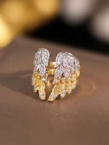 2pcs Women's Adjustable Open Feather Ring Set, Two-Tone Gold Silver Paved CZ Stackable Statement Rings, Finger Jewelry Gift - Multicolor - View 3