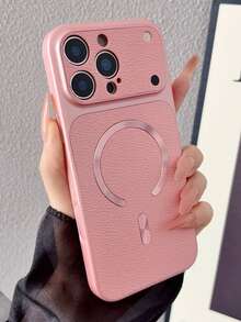 Premium Lychee Texture CD Pattern Magnetic Wireless Charging Phone Case, Compatible With IPhone 17 Pro Max 17 Pro 16 Pro Max 15 Pro Max 14 Pro 13 12, Luxury Matte Lens Protection Shockproof Cushion Back Cover - Pink - View 3