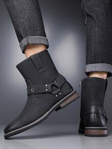 Men's Vintage Buckle Mid-Calf Boots, Side Zipper Fashion Riding Boots, Casual Chunky Heel Boots For Daily Wear - Black - View 5
