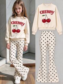 2pcs/Set Big Girls Outfit, Includes 1pc Apricot Crew Neck Sweatshirt And 1pc All-Over Polka Dot Flare Pants, Creative Cherry Pattern, Minimalist Casual Style - Apricot - View 1