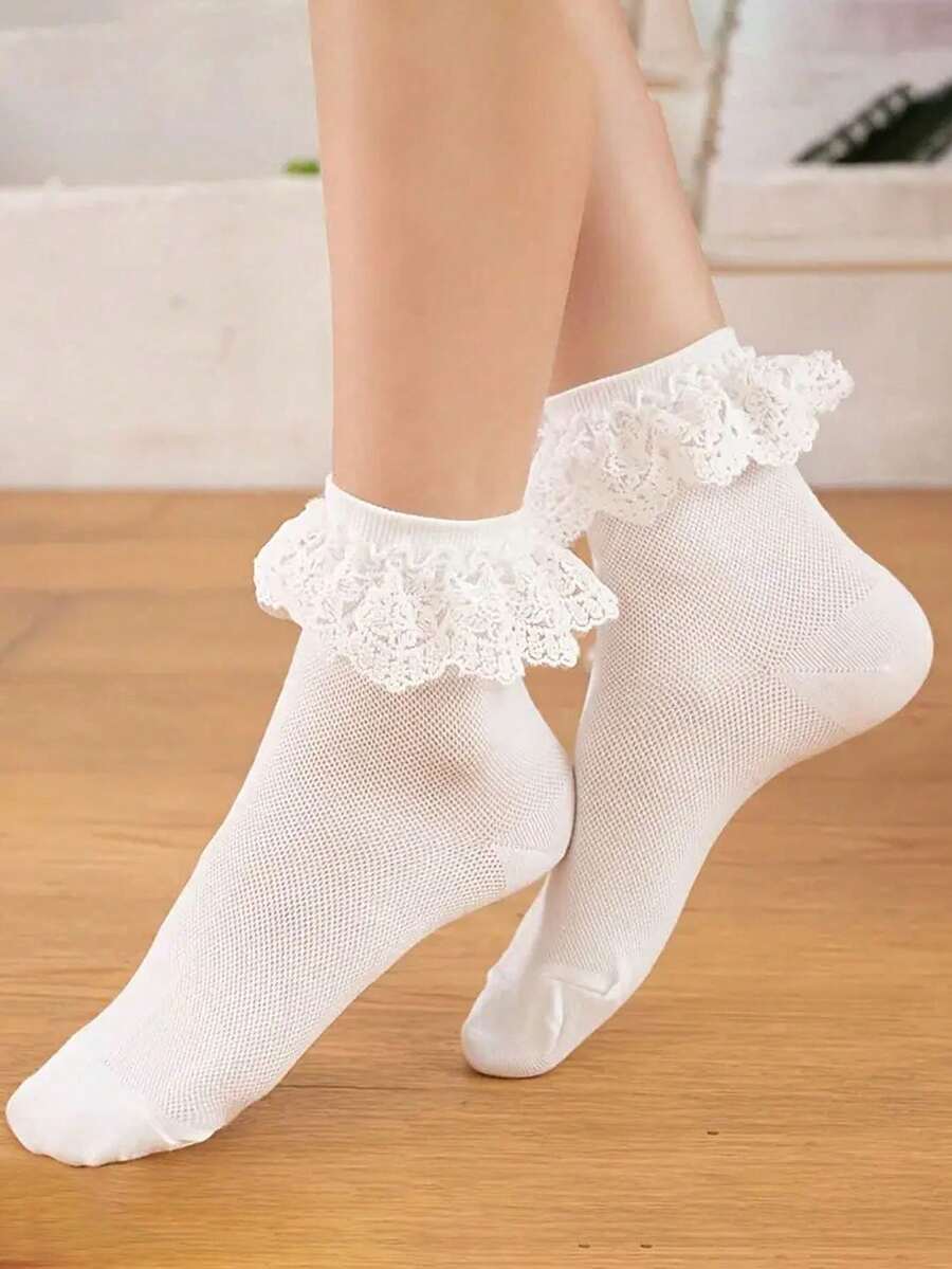 1 Pair Minimalist Solid Color Lace Trim Mid-Calf Socks, Comfortable Breathable Women's Long Socks, Gentle Style Versatile All-Match Socks For Girls, Autumn Daily Commute Socks, Sweet Atmosphere Lace Socks, Soft Skin-Friendly Elastic Non-Tight Socks, Korean Ins Influencer All-Match Socks, Slimming Socks To Match Leather Shoes And Shoes - White - View 1