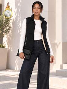 Women's Black Thermal Lined Padded Vest, Stand Collar Sleeveless Zip Jacket With Two Zipper Pockets And Quilted Detail - Black - View 7