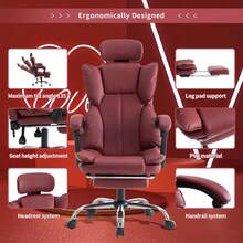 High Back Ergonomic Office Chair With Footrest, Adjustable Reclining PU Leather Computer Desk Chair With Headrest & Lumbar Support For Home Gaming Work - Burgundy - View 8