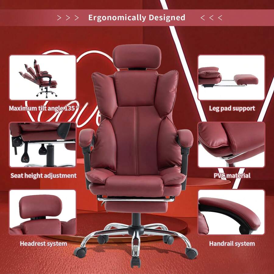 High Back Ergonomic Office Chair With Footrest, Adjustable Reclining PU Leather Computer Desk Chair With Headrest & Lumbar Support For Home Gaming Work
