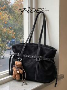 1PC Fashion Metal Buckle Decor PU Fabric Shoulder Underarm Large Capacity Tote Bag For Women, Cool Wide Strap With Bear Accessory, Versatile Solid Color, Suitable For Daily, Business Trip, Photography, Date, Travel And More - Black - View 4