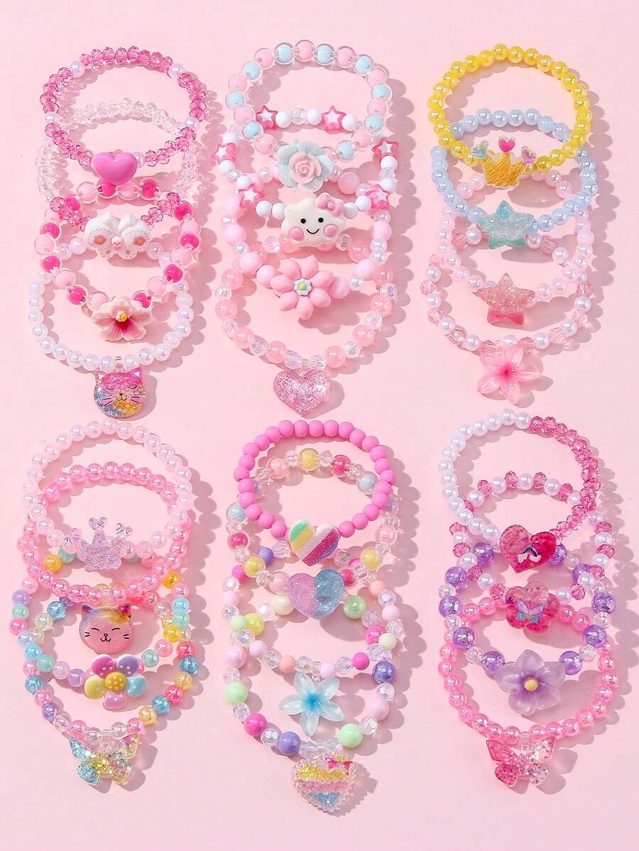 24Pcs Kids Beaded Bracelet Set, Random Color Cute Bead Bracelets For Girls, Daily Holiday Party Accessories, Birthday Gifts For Children - Multicolor - View 1