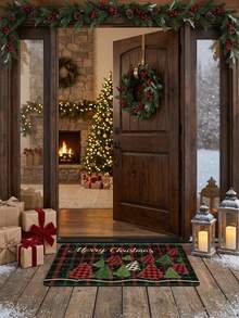 1pc Christmas Red Green Black Plaid Background, Various Christmas Tree Patterns, Gold Christmas Art Lettering, Dotted Decoration, Autumn/Winter New Crystal Velvet Door Mat Home Decor, Suitable For Living Room, Bedroom, Office, Dining Table, Coffee Table, Entrance, Bathroom Door, Comfortable, Beautiful, Easy To Clean, Multiple Sizes Available, Suitable For Christmas Holiday Decoration, Home Decor - A - View 2