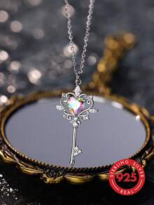 S925 Sterling Silver "Magic Heart Key" Necklace For Women, Simple Sweet Cute Classic Fashion Light Luxury Exquisite Fairy Tale Dreamy - Multicolor - View 2