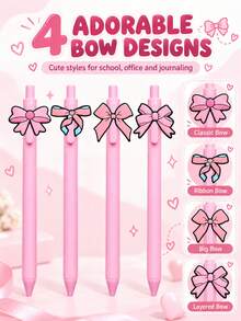 4pcs/Pack Pink Bow Clickable Neutral Ink Pens, Cute Girly Student Stationery, Smooth Writing Office & Study Pen Set - Sets - View 3