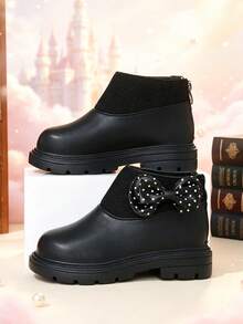 1 Pair Girls' Short Chelsea Boots, Soft PU + Elastic Knit Fabric, Round Toe, Soft Sole, Non-Slip, Back Zipper Design, Fashionable Cute Princess Style, Suitable For Daily, Holiday, Campus, Outdoor - Black - View 2