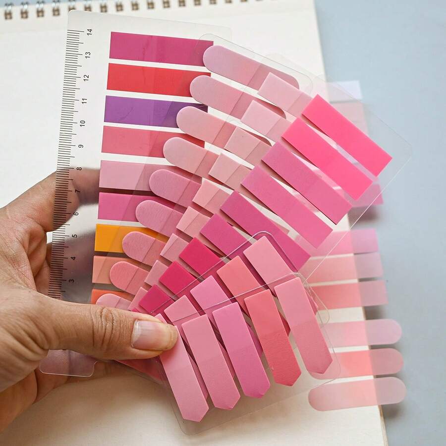 6 Sets Of 1 Style Ultra-Thin Index Label Stickers, PET Material, Pink Semi-Transparent Plastic Waterproof Fluorescent Series Marker Stickers, Student Textbook Record Tabs With Ruler, Reading Notebook Memo Stickers, School Back-To-School Supplies, Office Document Labels - Pink - View 1