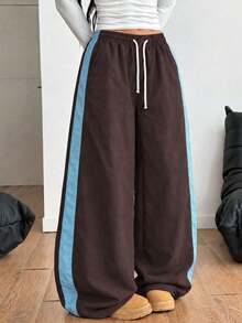 1pc Girls Teenager Casual Loose Straight Leg Wide Leg Pants With Side Stripe Design, Relaxed Outdoor Sports Style, Versatile Daily Commute Long Trousers - Brown - View 3