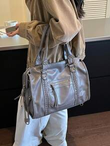 1件復古大容量手提包，復古PU肩背馬鞍包，女款休閒手提包與錢包 - 灰色 - 查看 11