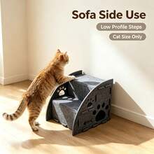 2/3/4-Step Modern Felt Cat Climbing Ladder With Paw Print Hollow Design, Decorative Pet Footstool With Fishbone Detail, Fashionable Cat Bed House, Suitable For Bed And Sofa Climbing, Dark Gray - Grey - View 10