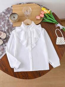 1pc Girls Back To School Spring/Autumn Shirt, Fashion Elegant Small Stand Collar Lace Design Solid Color Long Sleeve Button-Up Top, Little Girl Outdoor Party Daily School Style Campus Outfit - White - View 2