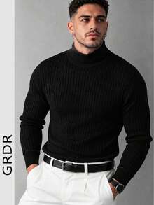 GRDR Men's High Neck Cable Knit Sweater, Black Vertical Ribbed Textured Slim Fit Long Sleeve Pullover Base Layer For Autumn/Winter - Black - View 1