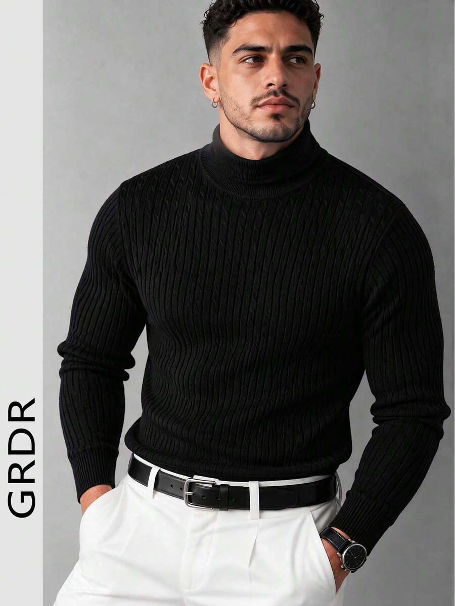 GRDR Men's High Neck Cable Knit Sweater, Black Vertical Ribbed Textured Slim Fit Long Sleeve Pullover Base Layer For Autumn/Winter - Black - View 1
