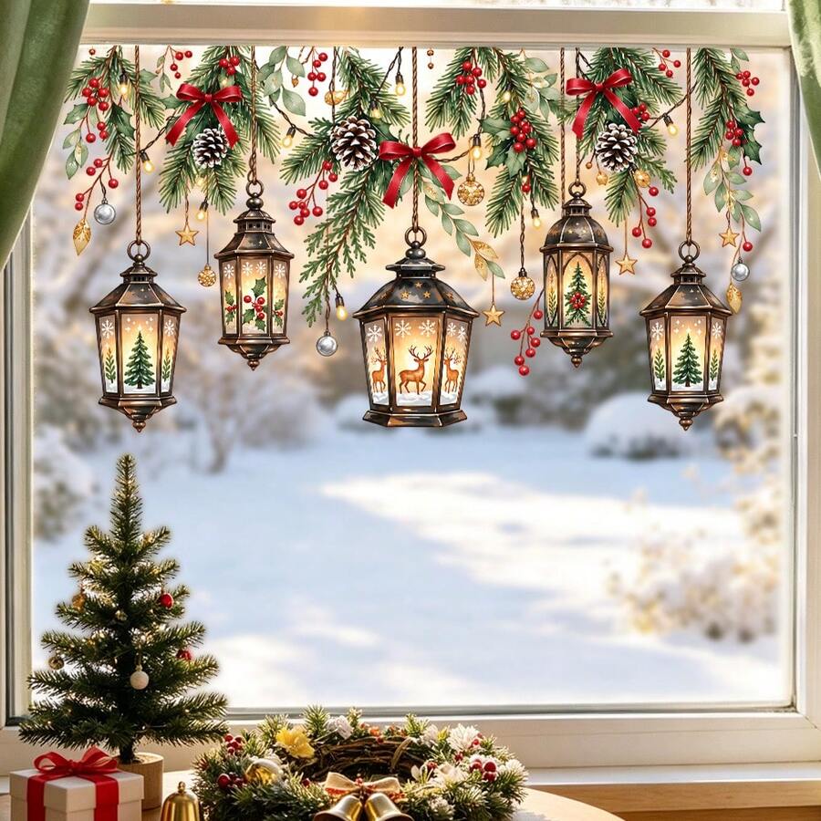 1/3pcs Christmas Pine Cone Red Berry Lantern Vine Window Decal, Double-Sided Visible PVC Static Cling Glass Sticker, Winter Farmhouse Home Window Decoration - Multicolor - View 1