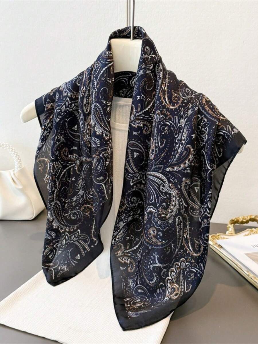 1件正方形緞面方巾 女款佩斯利印花頭巾 包巾 包包配件 - 黑色 - 查看 1