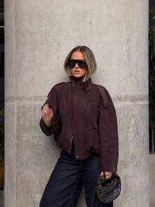 Vintage Women's Faux Suede Jacket, Solid Color Zipper Casual Outerwear - Brown - View 2