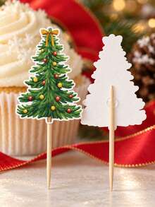 24/48pcs Christmas Tree Cupcake Toppers, Evergreen Tree Pattern, Christmas Theme Party, Birthday Party, Holiday Celebration Cake Decoration, Dessert Table And Party Supplies - Style a - View 4
