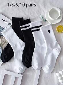 10/5/3/1 Pairs Fashion Women's Socks, Black And White Contrast Design, Soft And Durable Material, Suitable For Sports Occasions - Multicolor - View 6