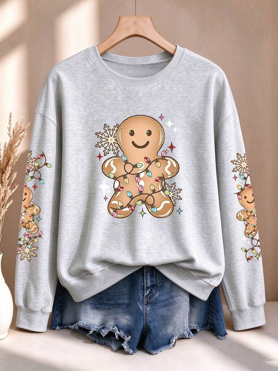 [Natal] Atasan Musim Gugur Wanita Ukuran Besar – Sweatshirt Lengan Panjang dengan Motif Manusia Kue Jahe, Lentera, dan Kepingan Salju; Atasan Serbaguna dan Lucu untuk Natal - Light Grey - View 1
