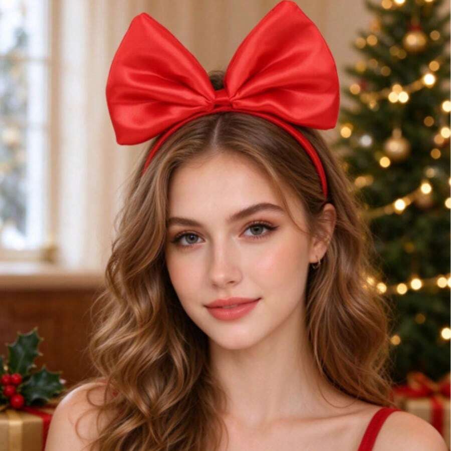1pc Bright Red Satin Large Bow Headband, Sweet Princess Style Hair Accessory, Suitable For Birthday Party, Christmas Cosplay Costume - Multicolor - View 1