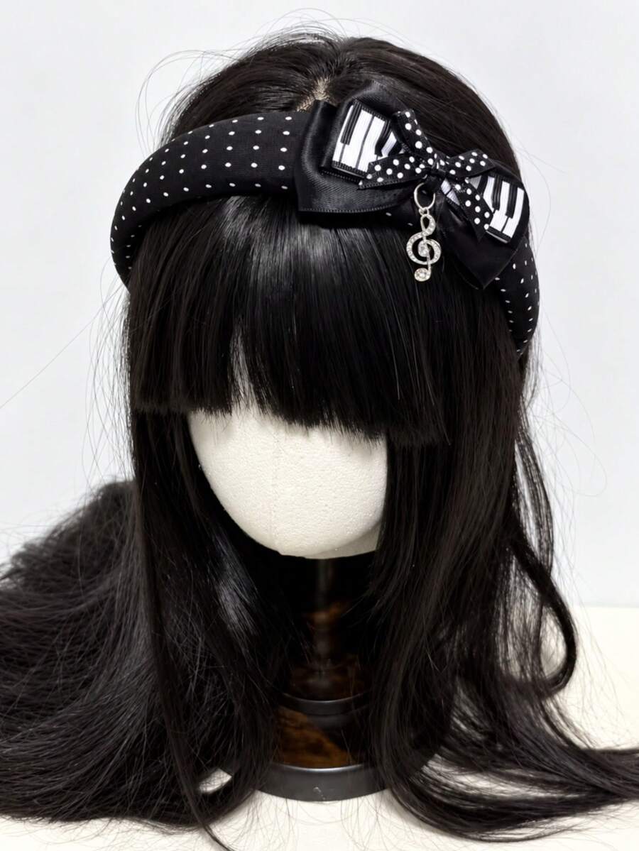 1pc Punk Polka Dot Musical Note Headband, Gothic Style Headband, Y2K Headband, Fashion Versatile Accessory, Home Makeup Halloween Hair Accessory - Black - View 1