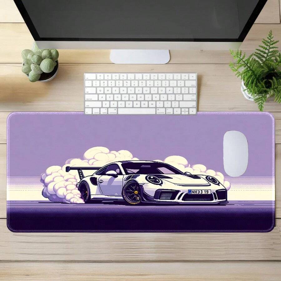 1pc Purple Synthetic Wave White Racing Car Drift Retro Oversized Extended Gaming Mouse Pad, Non-Slip Rubber Base, Stitched Soft Cloth Surface, Extra Large Desk Mat, Suitable For Office, Home, Gaming, Study, Perfect Gift For Friends, Teenagers, Gamers - View 1