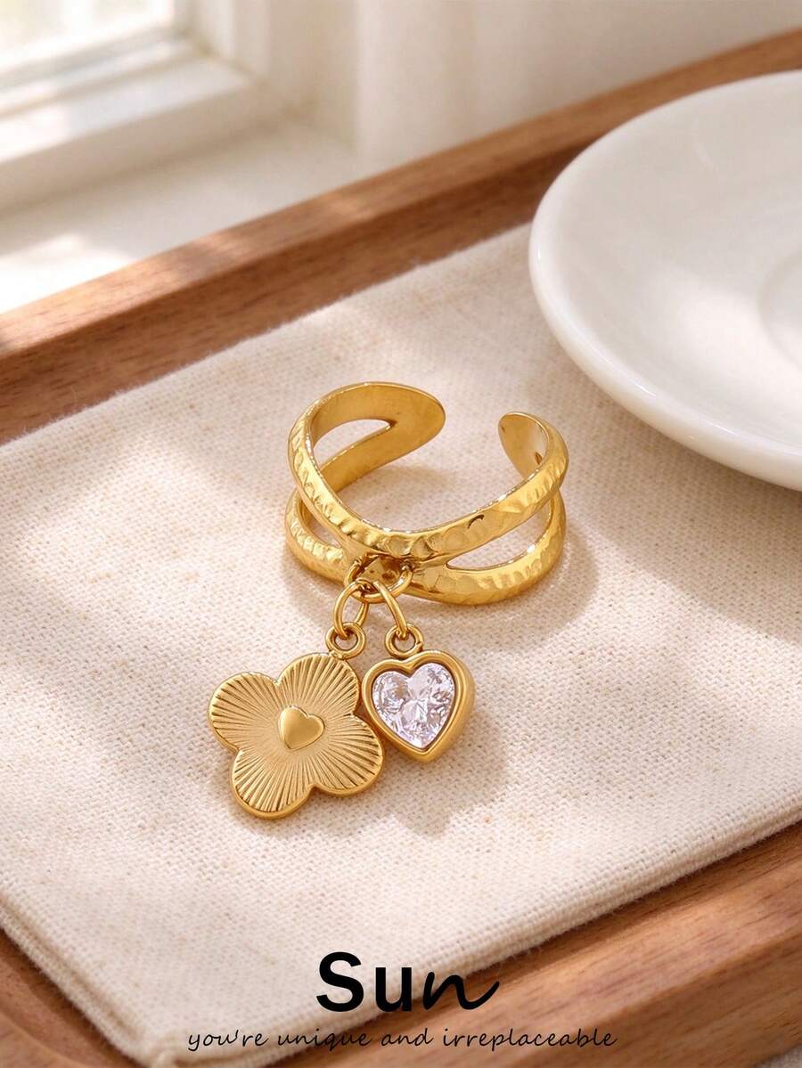 1 buah Liontin Daun Semanggi Empat dari Baja Tahan Karat, Cincin Terbuka, Perhiasan Wanita dengan Hiasan Kristal Bulat dan Hati yang Modis - cincin - View 1