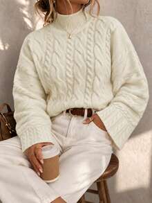 Autumn/Winter Fashion Women's Multi-Twist Braided Patchwork Design High Round Neck Bell Sleeve Pullover Sweater - Apricot - View 5