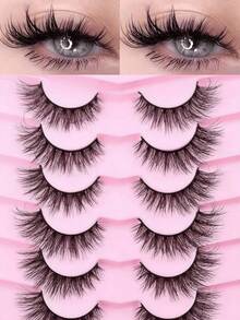 7 Pairs Half-Strip Transparent Band Cat Eye Extension False Eyelashes, Natural Mink-Like 3D Fluffy Soft Criss-Cross Long Lashes, Outer Corner Extension Slim Style, Reusable, Suitable For Daily Wear, Party, Valentine's Day - Black - View 2