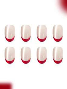 24pcs Short Oval Crystal Lotus Pink Cat Eye Nail Patches, Wine Red ...