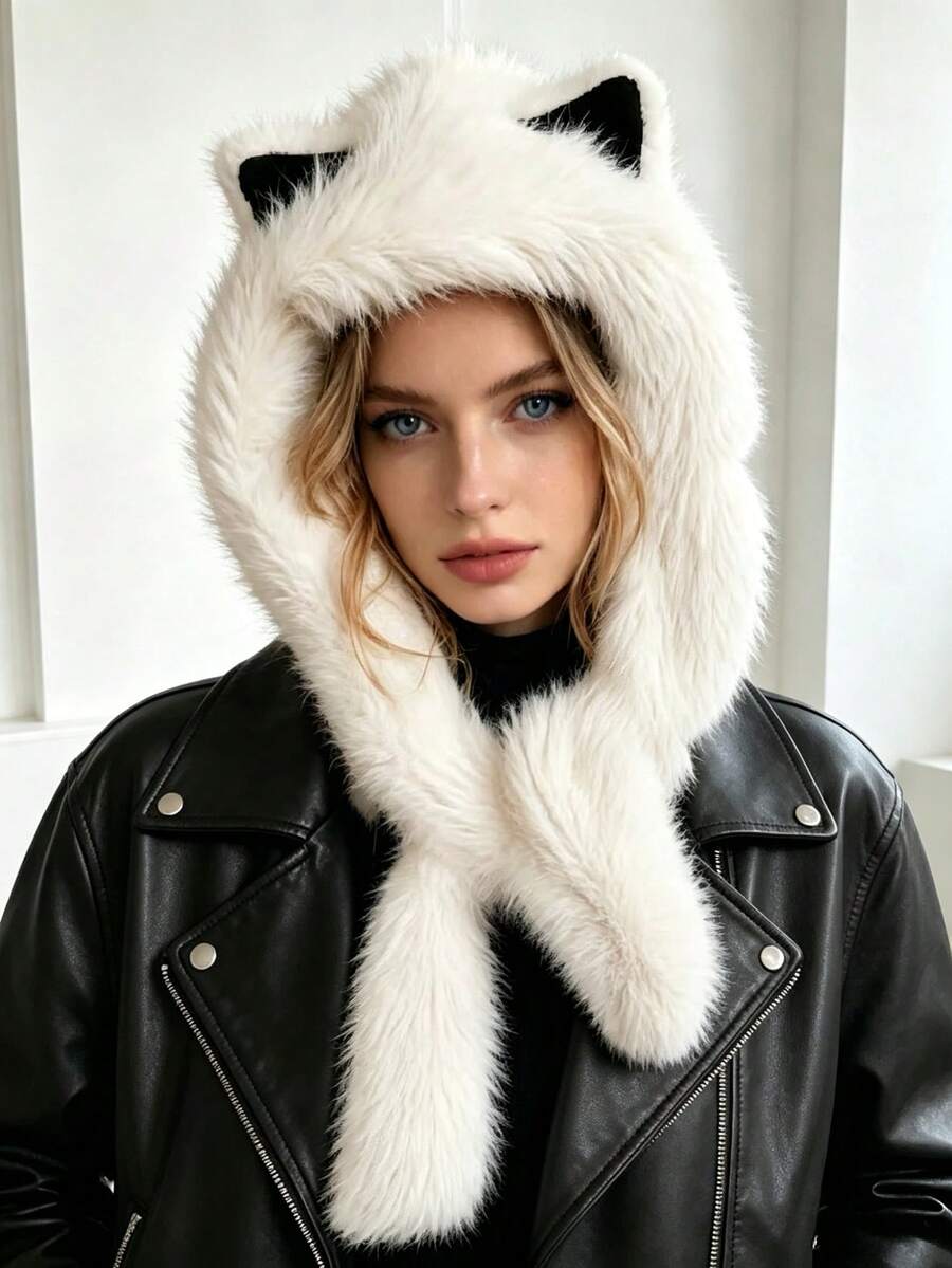 Set Topi dan Syal Telinga Kucing Bulu Imitasi Tebal untuk Wanita, Pelindung Telinga Hangat Tahan Angin dan Dingin, Topi Bulu Lembut, Cocok untuk Perjalanan Sehari-hari, Ski, Bepergian, di Rumah, Belanja, Aksesori Hangat Serbaguna untuk Musim Gugur/Dingin dalam Berbagai Skenario - MultiWarna - View 1