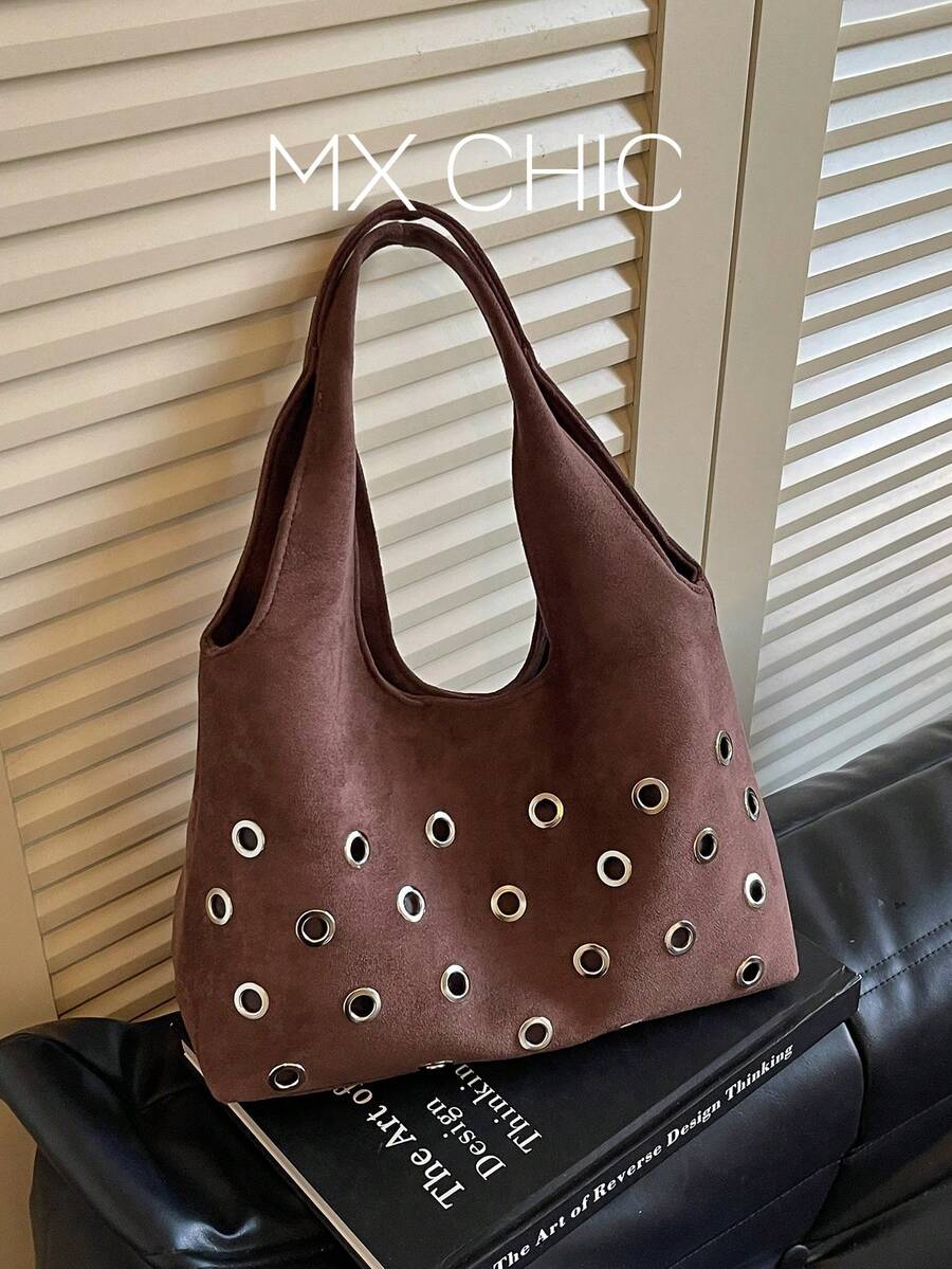 1件女款秋冬新款帆布單肩托特包,時尚大容量,附金屬孔眼裝飾,適合購物、度假與旅行 - 咖啡棕 - 查看 1