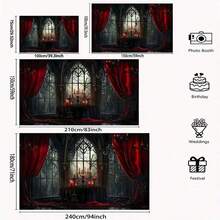 1pc 2D Gothic Arch Banner Backdrop, Elegant Gothic Style Party Decoration With Dark Church Windows And Red Curtains, Suitable For Haunted House Events, Parties, Carnivals And Photography Background - Multicolor - View 2