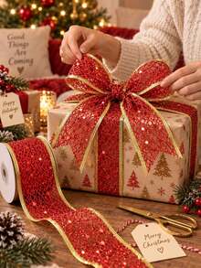 Christmas Wired Ribbon - Gold, Silver, Red Metallic Glitter Hollow Mesh Sequin Ribbon Roll, For Christmas Tree Top Bows, Holiday Wreath Making, Gift Box Packaging And Home Craft Supplies - Open-work Webbing - View 2