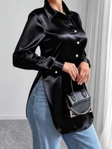 Fashionable Women's Satin Lapel Side Slit Drape Elegant Long Sleeve Blouse Black Spring - Black - View 1
