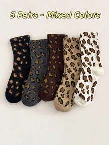 5/10 Pairs Women's Leopard Print Mid-Calf Socks - Comfortable Casual, Breathable & Moisture-Wicking, Fun & Novelty Gift, Suitable For Autumn/Winter - Multicolor - View 9