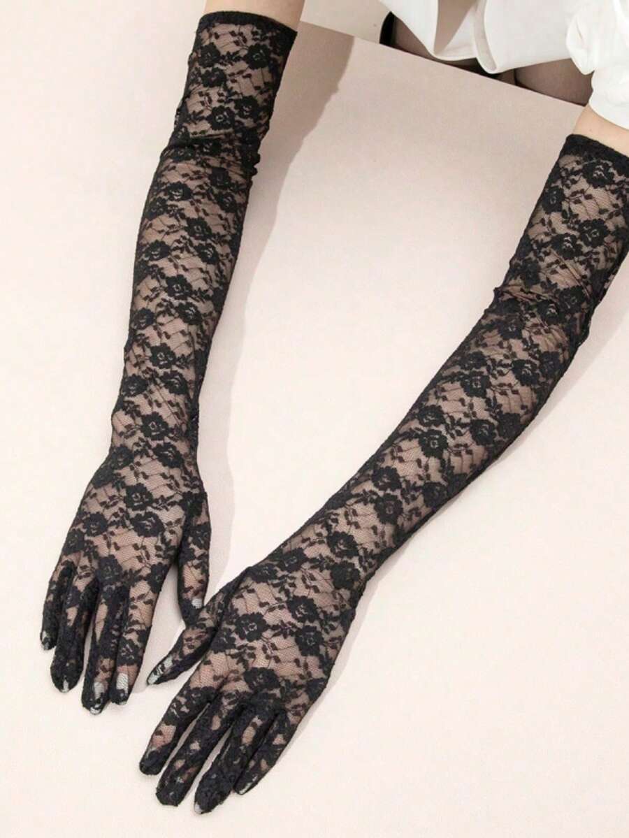 1雙玫瑰蕾絲晚禮服長手套