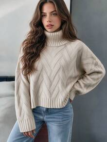QUNGIGU Women's Loose Knit Pullover Sweater, High Neck Drop Shoulder Slouchy Short Sweater, Autumn/Winter Casual Outing Date Daily Wear - Apricot - View 4