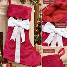 1pc Velvet Christmas Stocking With Classic Bow, Spacious Interior For Cosmetics, Candy And Small Gifts, Perfect Hanging Decoration For Fireplace, Christmas Tree And Home - Multicolor - View 12