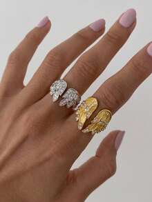 2pcs Women's Adjustable Open Feather Ring Set, Two-Tone Gold Silver Paved CZ Stackable Statement Rings, Finger Jewelry Gift - Multicolor - View 4