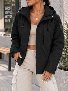 AODSR Women Black Hooded Utility Jacket With Zippered Chest Pocket And Side Zip Pockets Long Sleeve Casual Outdoor Coat - Black - View 6