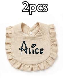 1pc Customized Embroidered Name Baby Bib, Personalized Bib For Baby Girls, Customized Gauze Baby Bib, Customized Ruffle Edge Bib, Customizable Baby Bib, Suitable For Drooling And Teething - Style a - View 3