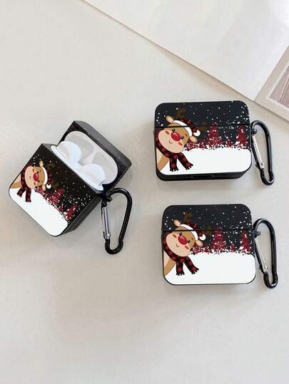Christmas Red Nose Reindeer Snow Scene Black Earphone Protective Case, Cover, Winter Snowing Christmas Tree Cartoon Deer Print, Comes With Black Anti-Loss Hook, Ideal Gift For Christmas, New Year, Birthday, Compatible With Earphone Cases / Compatible With Earphone 5 Case / Compatible With Earphone Pro 3 Case, Fast Shipping