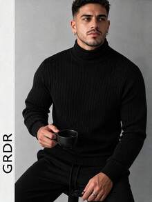 GRDR Men's High Neck Cable Knit Sweater, Black Vertical Ribbed Textured Slim Fit Long Sleeve Pullover Base Layer For Autumn/Winter - Black - View 2