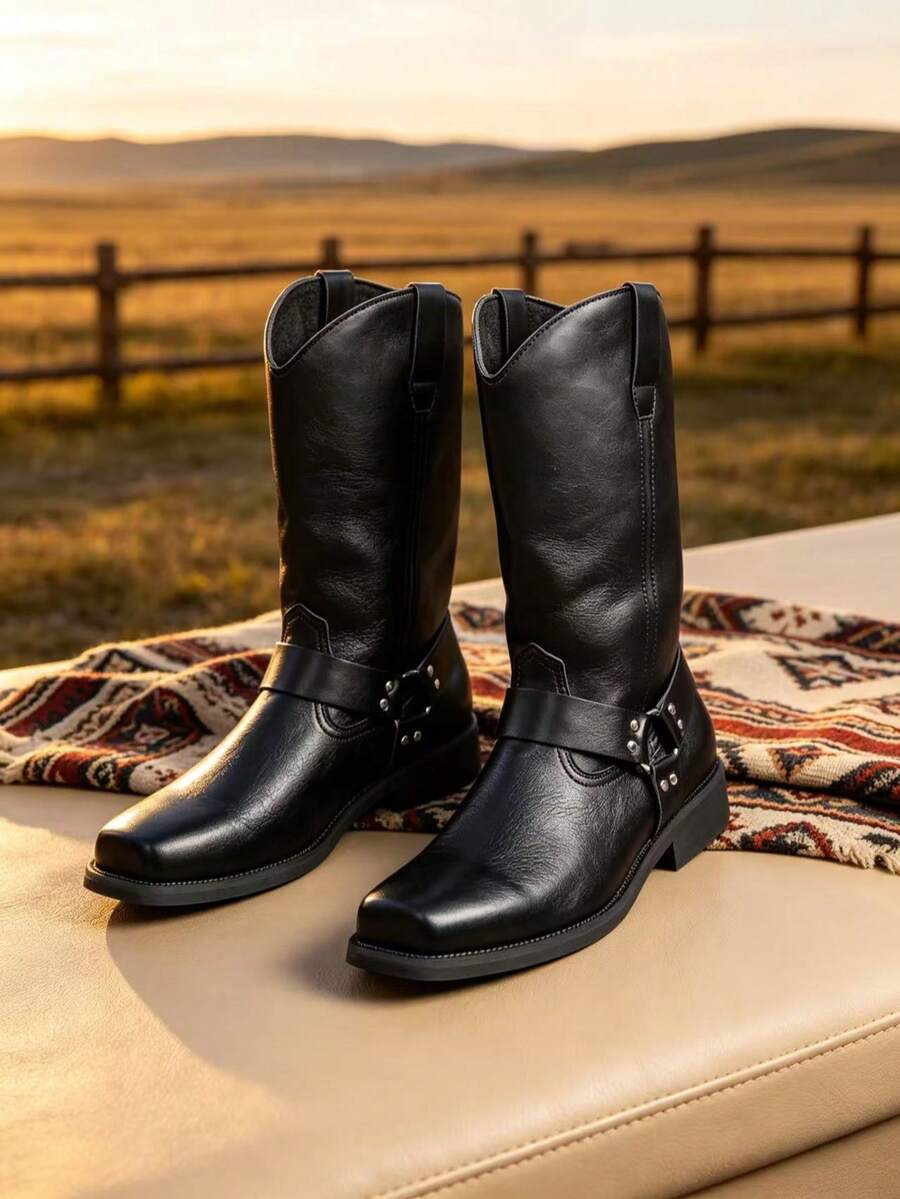 Men's Buckle Western Mid-Calf Riding Boots Men's Boots Vintage Work Boots Outdoor Daily Commute Men's Casual Boots - Black - View 1